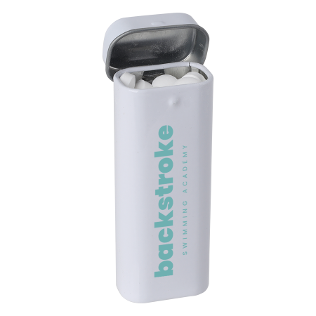 Easy Tin mit Scharnier standardmäßig gefüllt mit DutchDex Dextrose-Minzbonbons.
